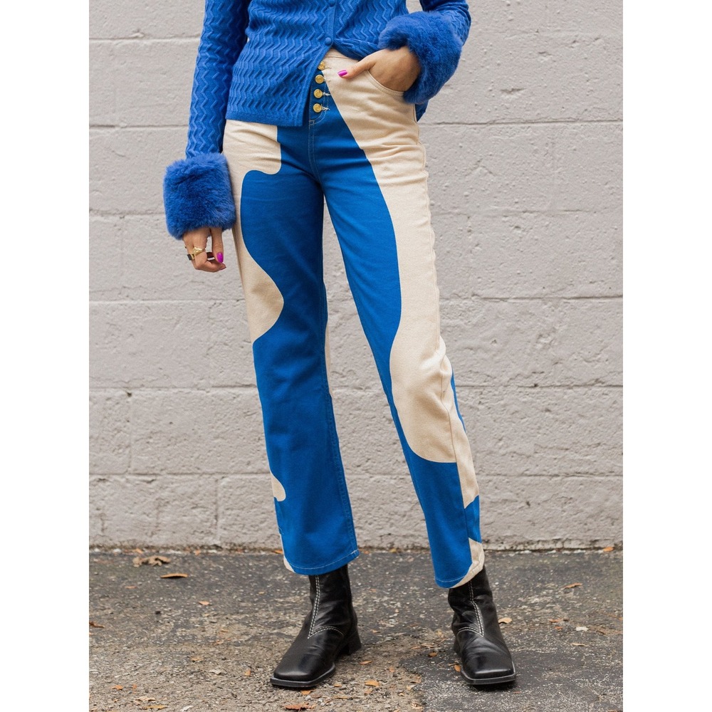 House of Sunny Blue White Abstract Wave Color Block High Waisted Denim Jeans US2